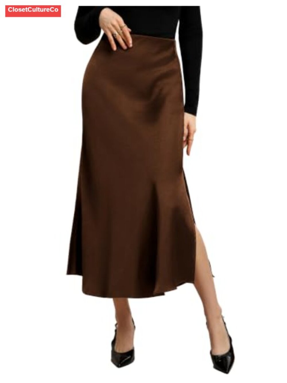Satin High Waisted Midi Fishtail Skirt Slit Business Casual